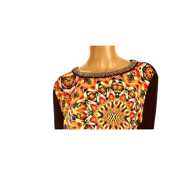 New Directions Size 1X Blouse Orange/Black/White 3/4 Sleeve Beads at Neckline - Picture 5 of 5